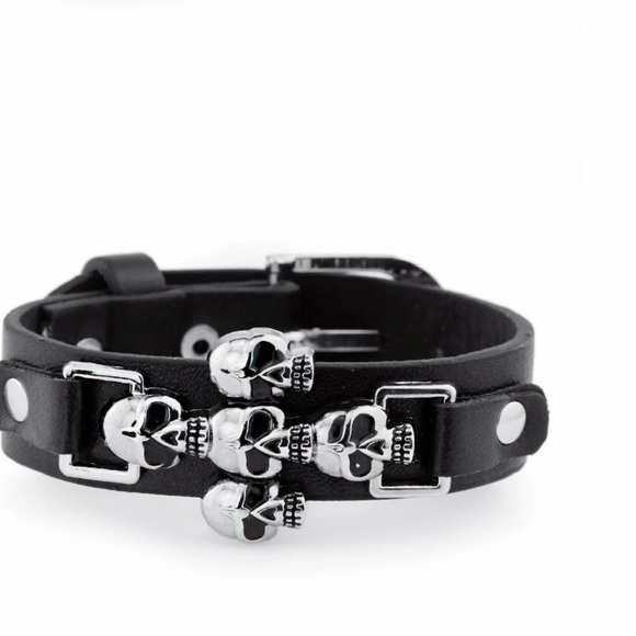 Skeleton Skull Punk Gothic Rock Leather Belt Buckle Bracelets For Men - Picture 3 of 5